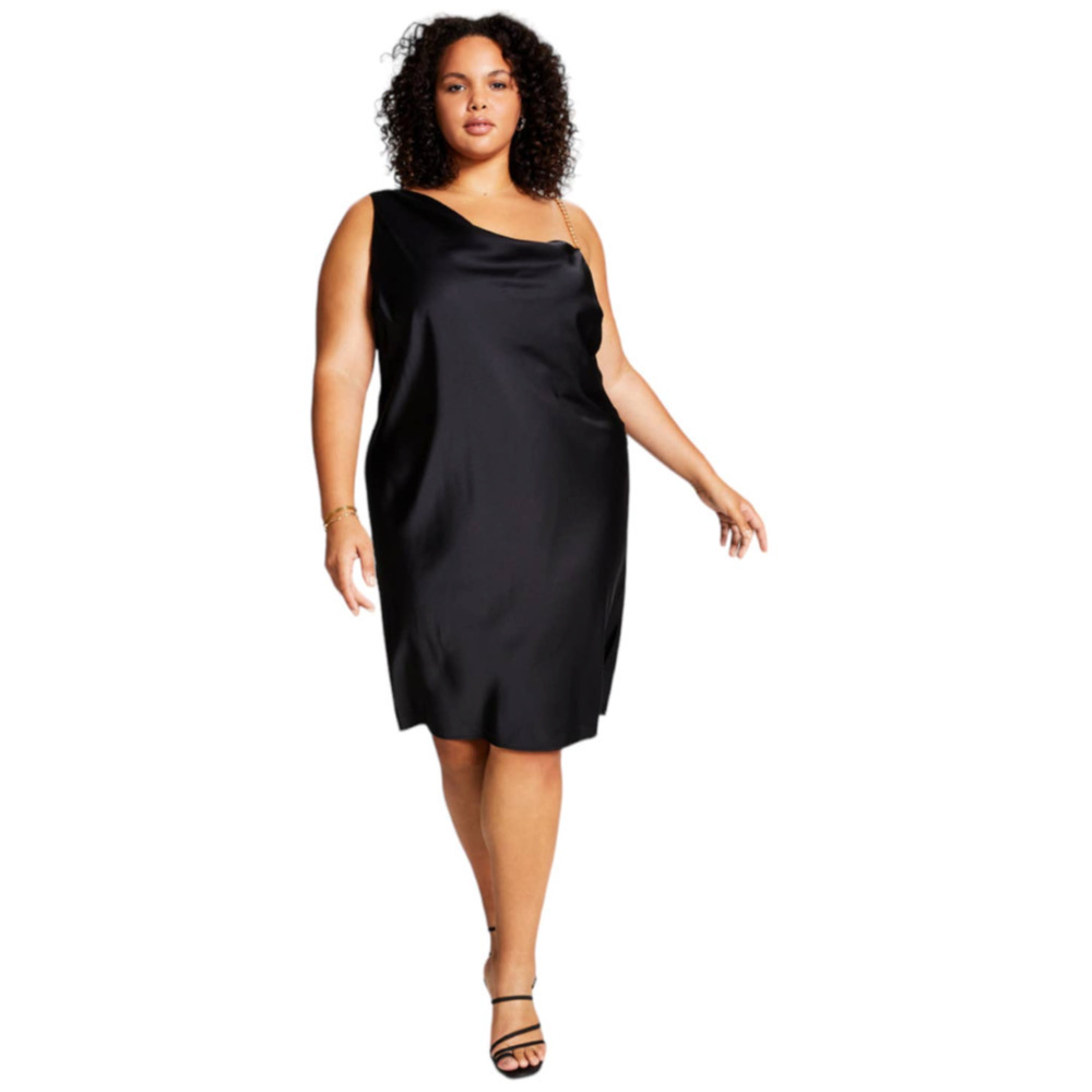 And Now This Trendy Women’s Plus Size Satin Chain-Strap Slip Dress Black Size 0X
